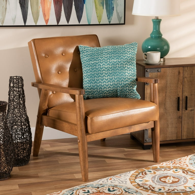 Baxton Studio Sorrento Mid-Century Modern Tan Faux Leather Upholstered and Walnut Brown Finished Wood Sofa Baxton Studio Sorrento Mid-Century Modern Tan Faux Leather Upholstered and Walnut Brown Finished Wood Sofa
