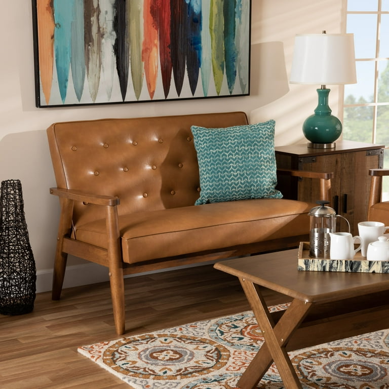 Baxton Studio Sorrento Mid-Century Modern Tan Faux Leather Upholstered and Walnut Brown Finished Wood Sofa Baxton Studio Sorrento Mid-Century Modern Tan Faux Leather Upholstered and Walnut Brown Finished Wood Sofa