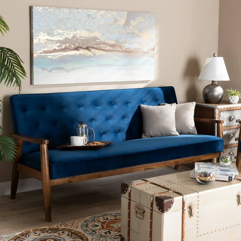 Baxton Studio Sorrento Mid-century Modern Navy Blue Velvet Fabric Upholstered Walnut Finished Wooden 3-seater Sofa Baxton Studio Sorrento Mid-century Modern Navy Blue Velvet Fabric Upholstered Walnut Finished Wooden 3-seater Sofa
