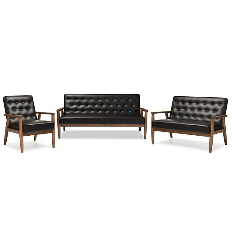 Baxton Studio Sorrento Mid-century Retro Modern Black Faux Leather Upholstered Wooden 3 Piece Living room Set Baxton Studio Sorrento Mid-century Retro Modern Black Faux Leather Upholstered Wooden 3 Piece Living room Set
