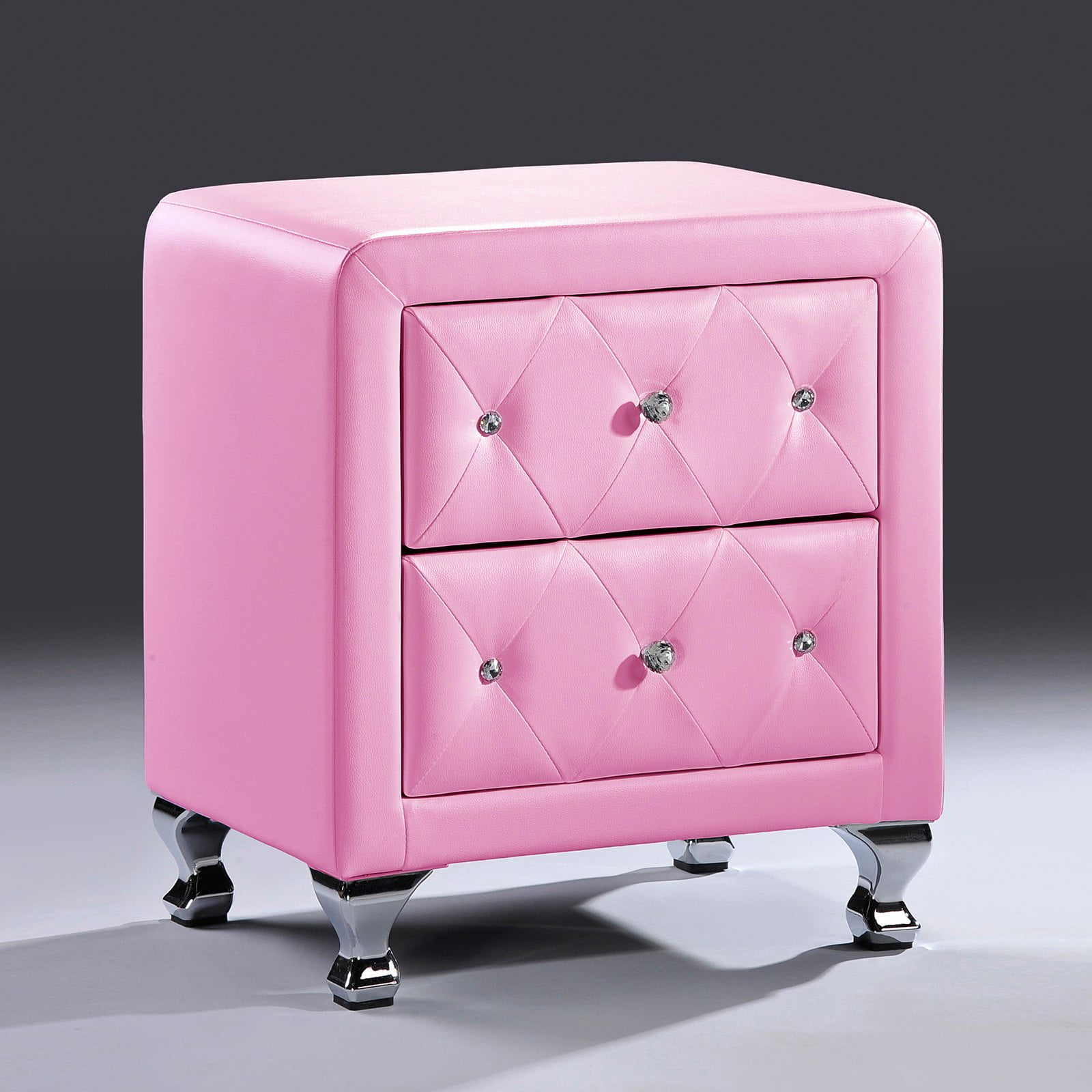 Stella Pink Faux Leather 2-Drawer Crystal Tufted Nightstand