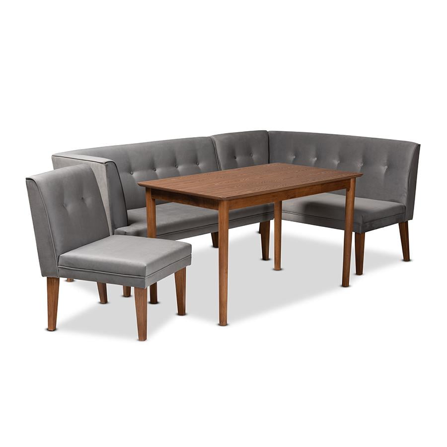 Gray Velvet and Walnut Wood Mid-Century Modern 4-Piece Dining Nook Set