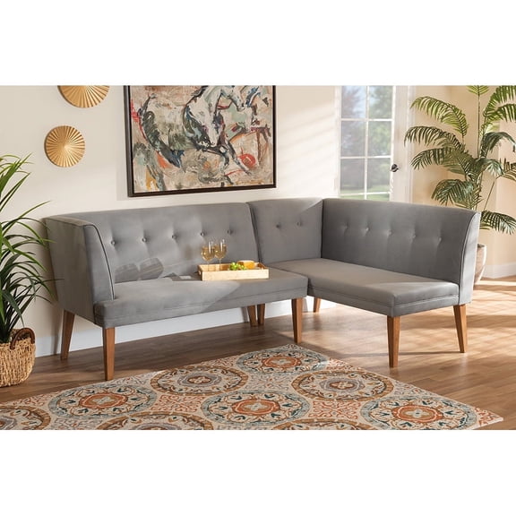 Baxton Studio Stewart Mid-Century Modern Grey Velvet Upholstered and Walnut Brown Finished Wood 2-Piece Dining Nook