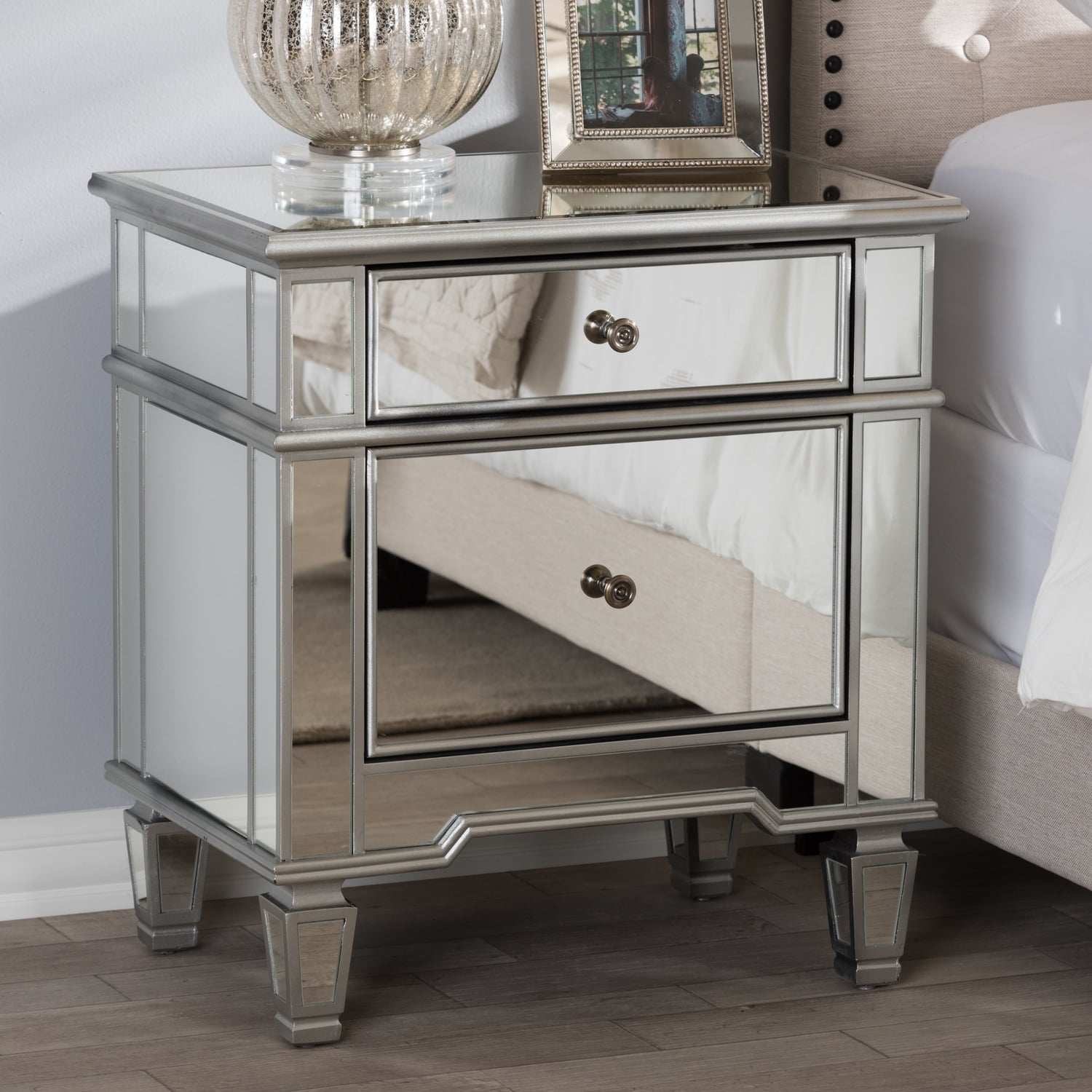 Sussie Hollywood Glam Mirrored 2-Drawer Nightstand with Bronze Hardware