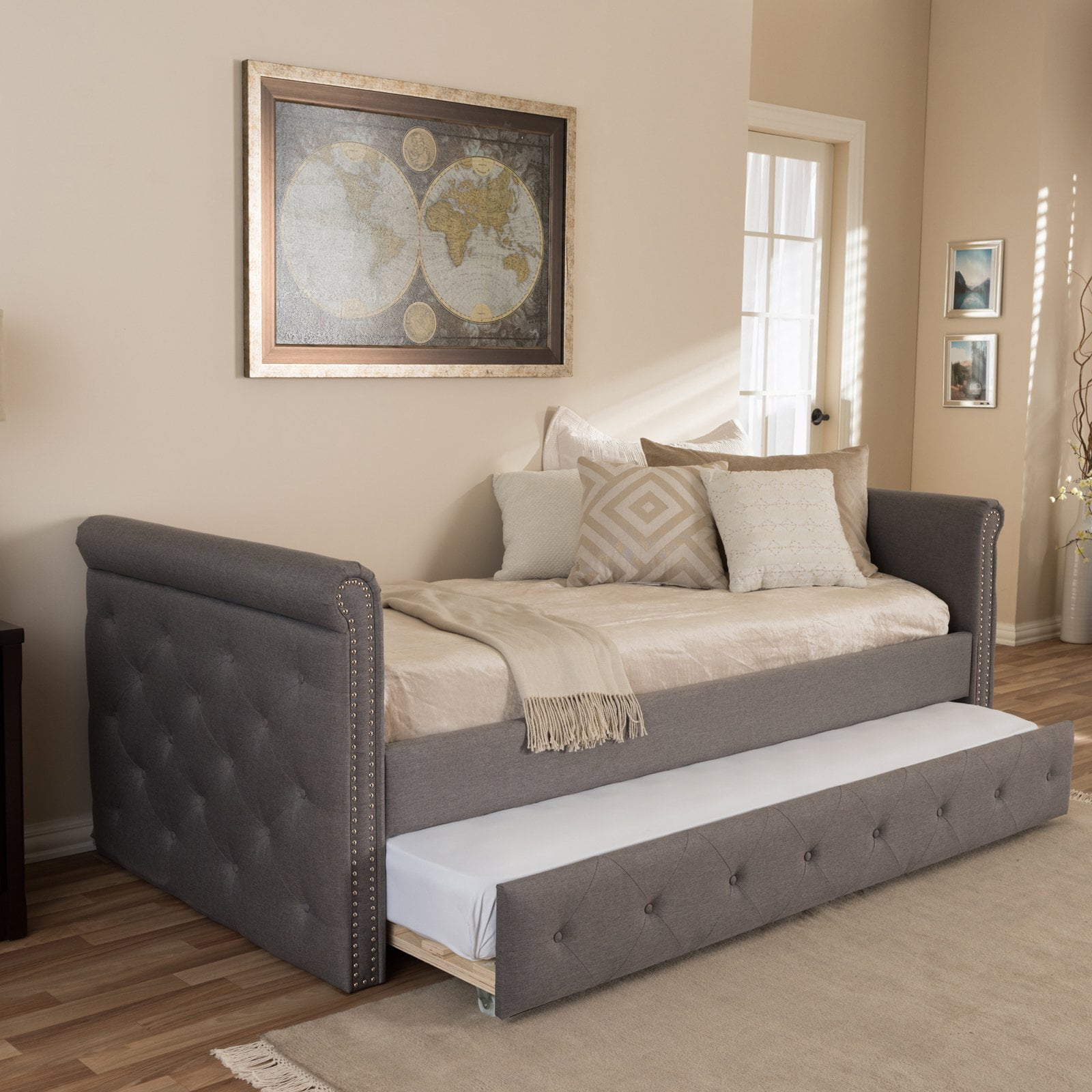Gray Twin Upholstered Daybed with Tufted Nailhead Trim and Trundle