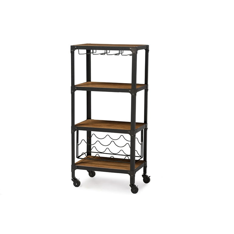 Baxton Studio Swanson Rustic Industrial Style Antique Black Textured Finish Metal Distressed Wood Mobile Kitchen Bar Wine Storage Shelf Baxton Studio Swanson Rustic Industrial Style Antique Black Textured Finish Metal Distressed Wood Mobile Kitchen Bar Wine Storage Shelf