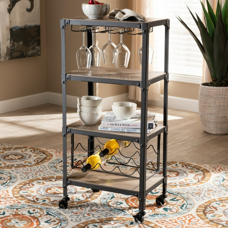 Baxton Studio Swanson Rustic Industrial Style Antique Black Textured Finish Metal Distressed Wood Mobile Kitchen Bar Wine Storage Shelf Baxton Studio Swanson Rustic Industrial Style Antique Black Textured Finish Metal Distressed Wood Mobile Kitchen Bar Wine Storage Shelf