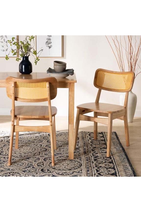 Tadeo Mid-Century Modern Oak Brown Finished Wood and Rattan 2-Piece Dining Chair Set
