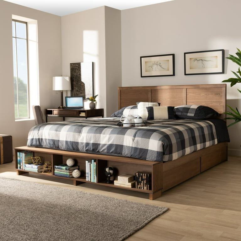 Baxton Studio Tamsin Modern Transitional Ash Walnut Brown Finished Wood Full Size 4-Drawer Platform Storage Bed with Built-In Shelves Baxton Studio Tamsin Modern Transitional Ash Walnut Brown Finished Wood Full Size 4-Drawer Platform Storage Bed with Built-In Shelves