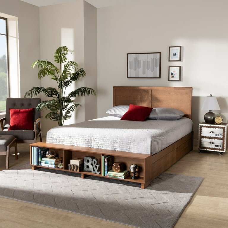 Baxton Studio Tamsin Modern Transitional Ash Walnut Brown Finished Wood Full Size 4-Drawer Platform Storage Bed with Built-In Shelves Baxton Studio Tamsin Modern Transitional Ash Walnut Brown Finished Wood Full Size 4-Drawer Platform Storage Bed with Built-In Shelves