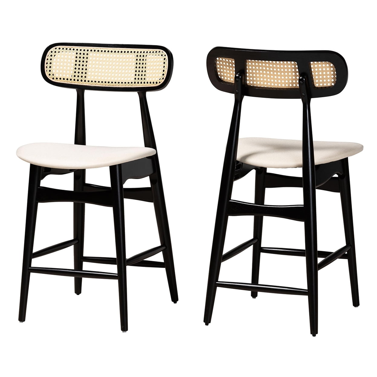 Cream and Black Woven Rattan Wood Counter Stools, Set of 2