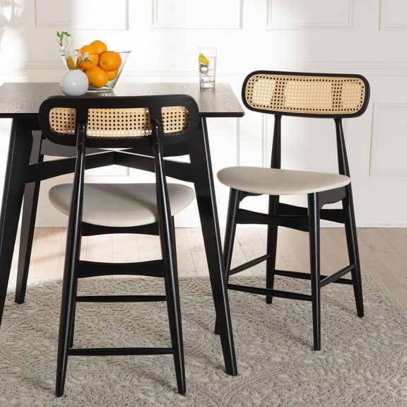 Baxton Studio Tarana Mid-Century Modern Cream Fabric and Black Finished Wood 2-Piece Counter Stool Set