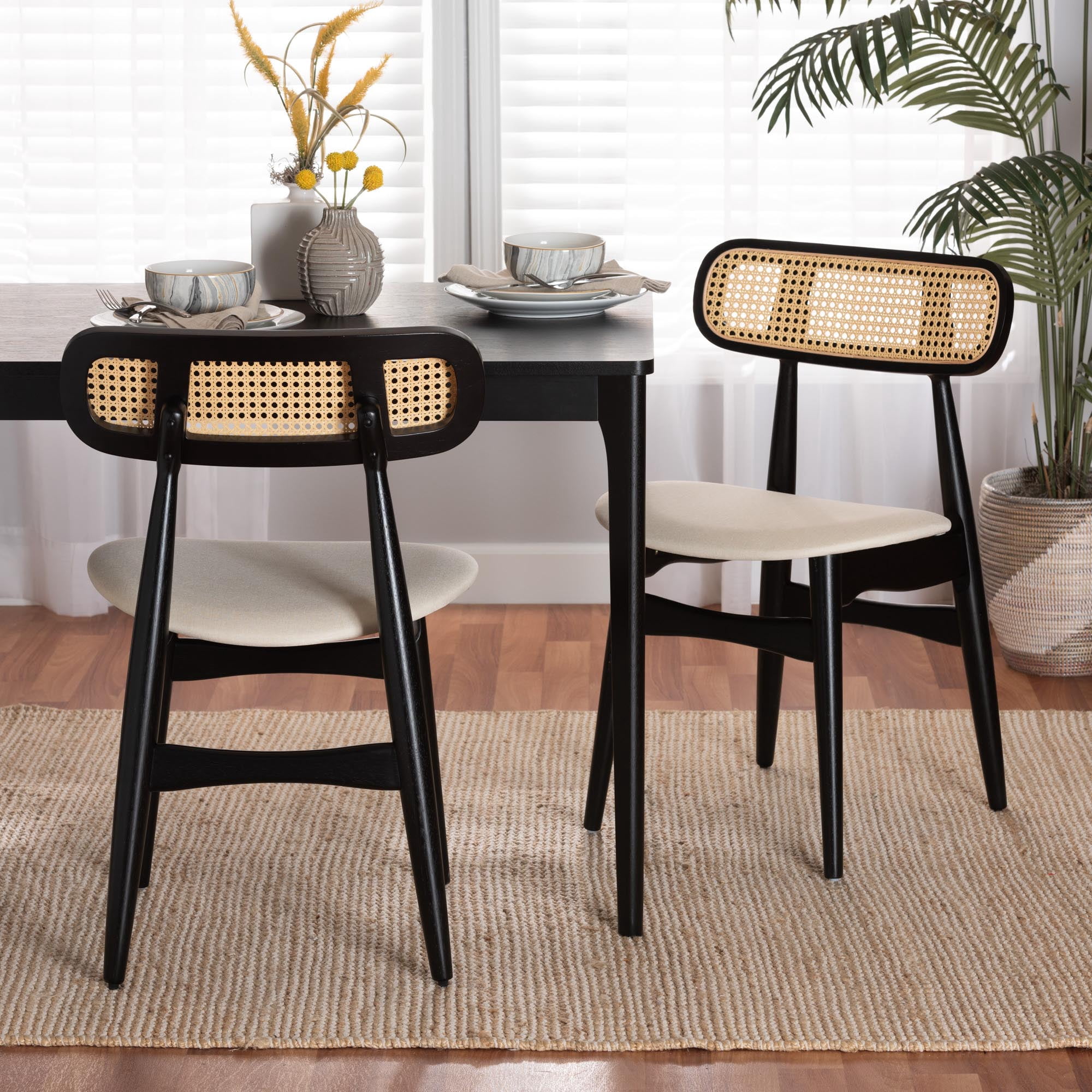 Baxton Studio Tarana Mid-Century Modern Cream Fabric and Black Finished Wood 2-Piece Dining Chair Set