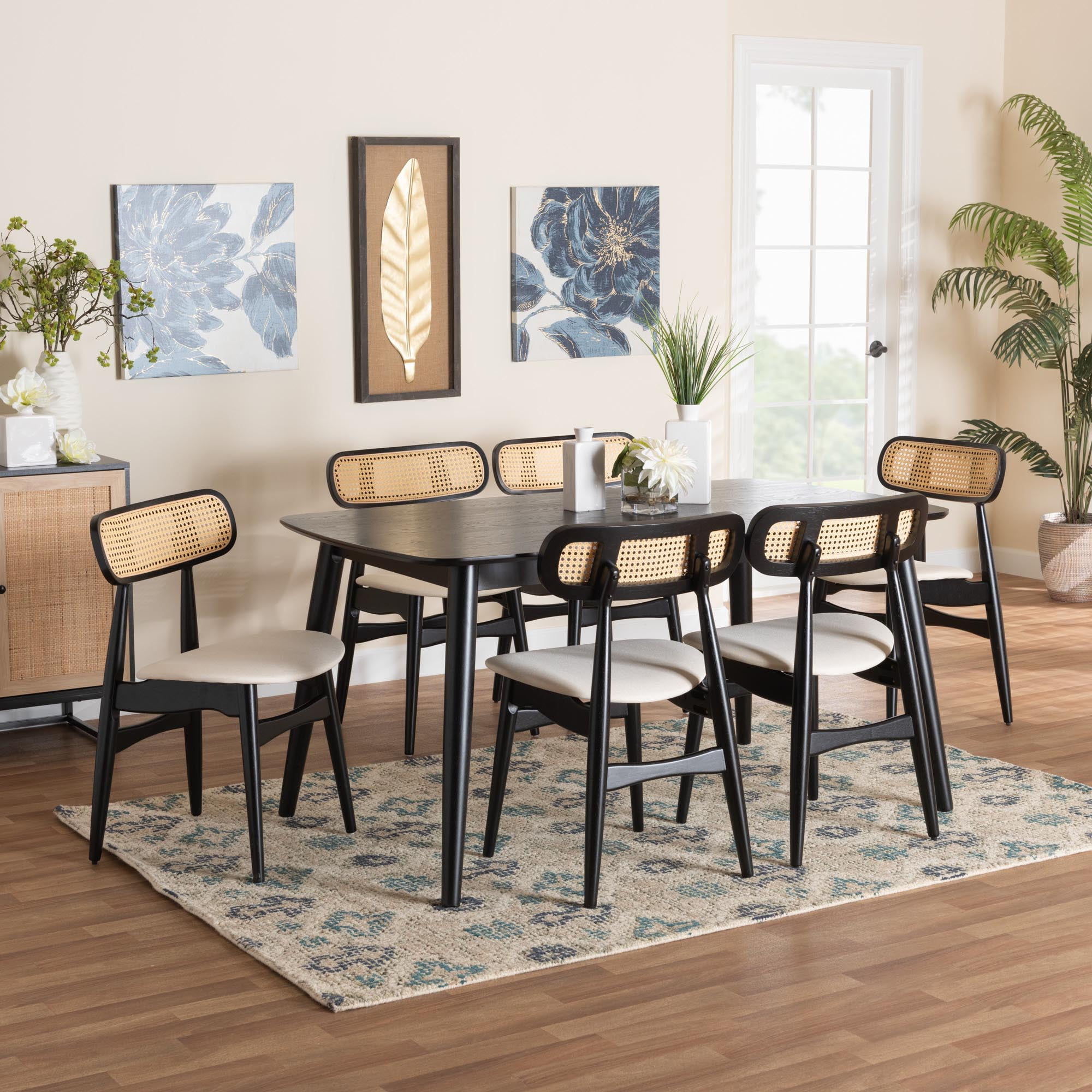Baxton Studio Tarana Mid-Century Modern Grey Fabric and Natural Oak Finished Wood 5-Piece Dining Set