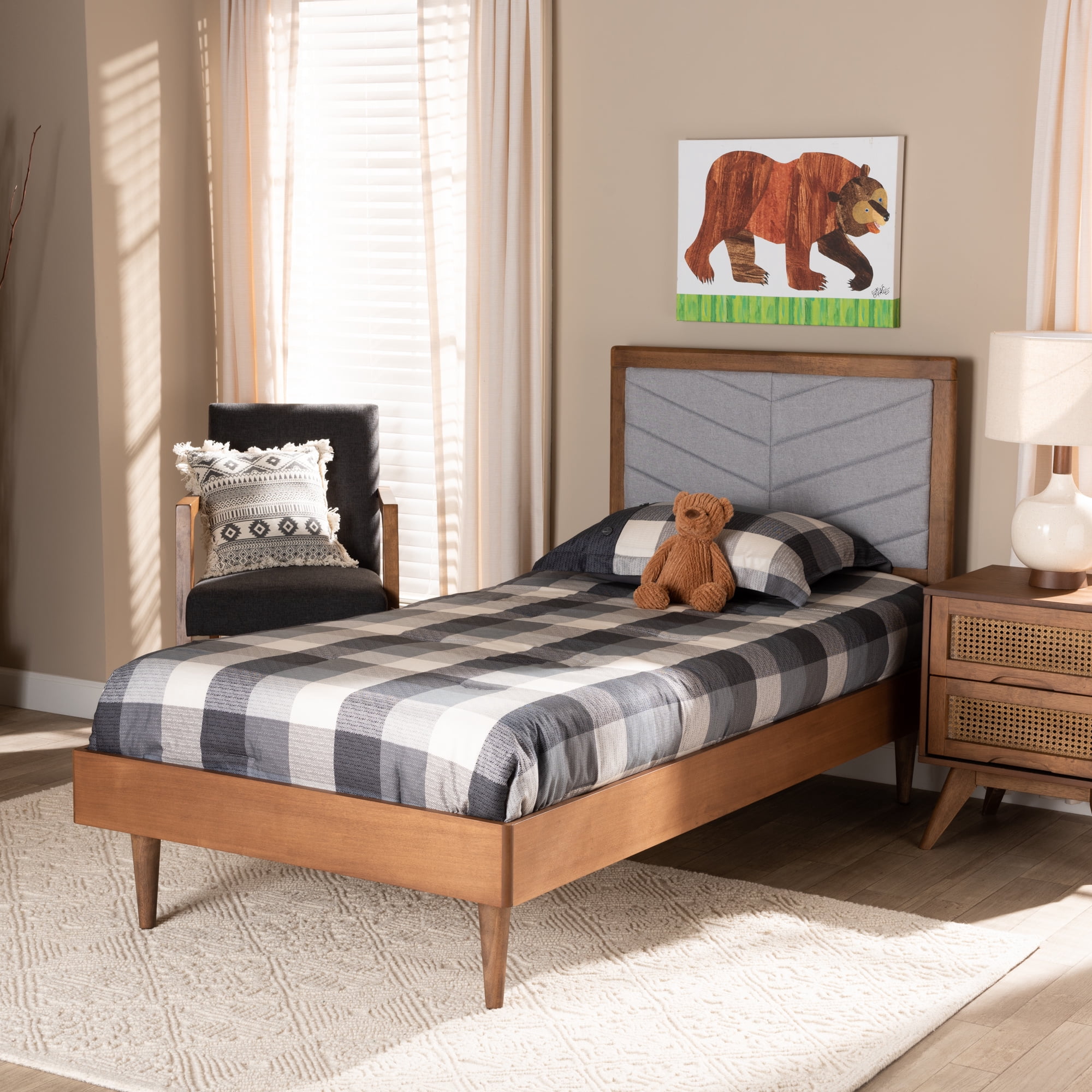 Baxton Studio Tasha Mid-Century Modern Light Grey Fabric Upholstered and Walnut Brown Finished Wood Twin Size Platform Bed