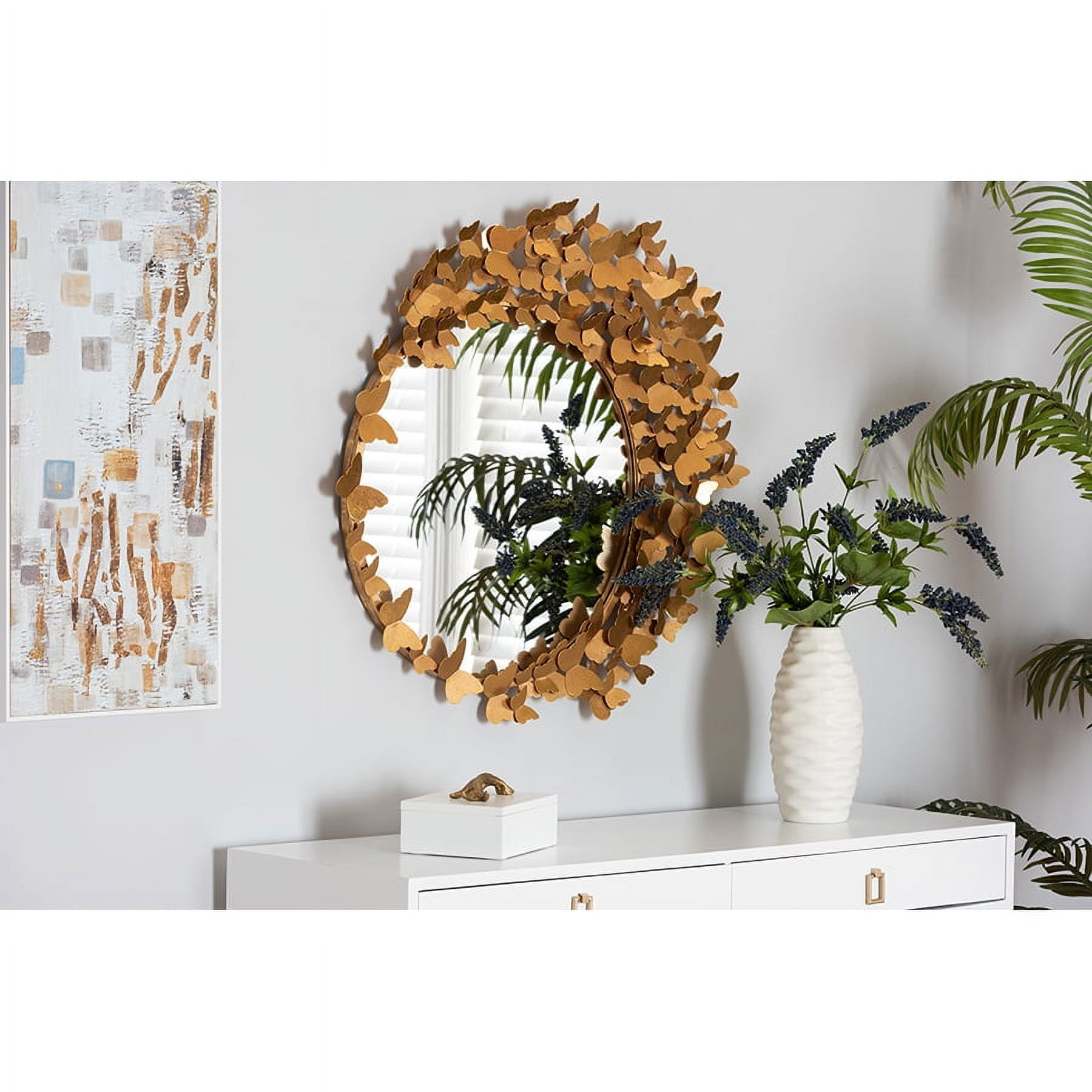 Elegant Round 33" Gold Metal & Leather Butterfly Accent Wall Mirror