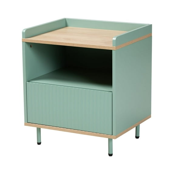 Baxton Studio Tavita Two-Tone Mint Green and Oak Brown Wood 1-Drawer End Table