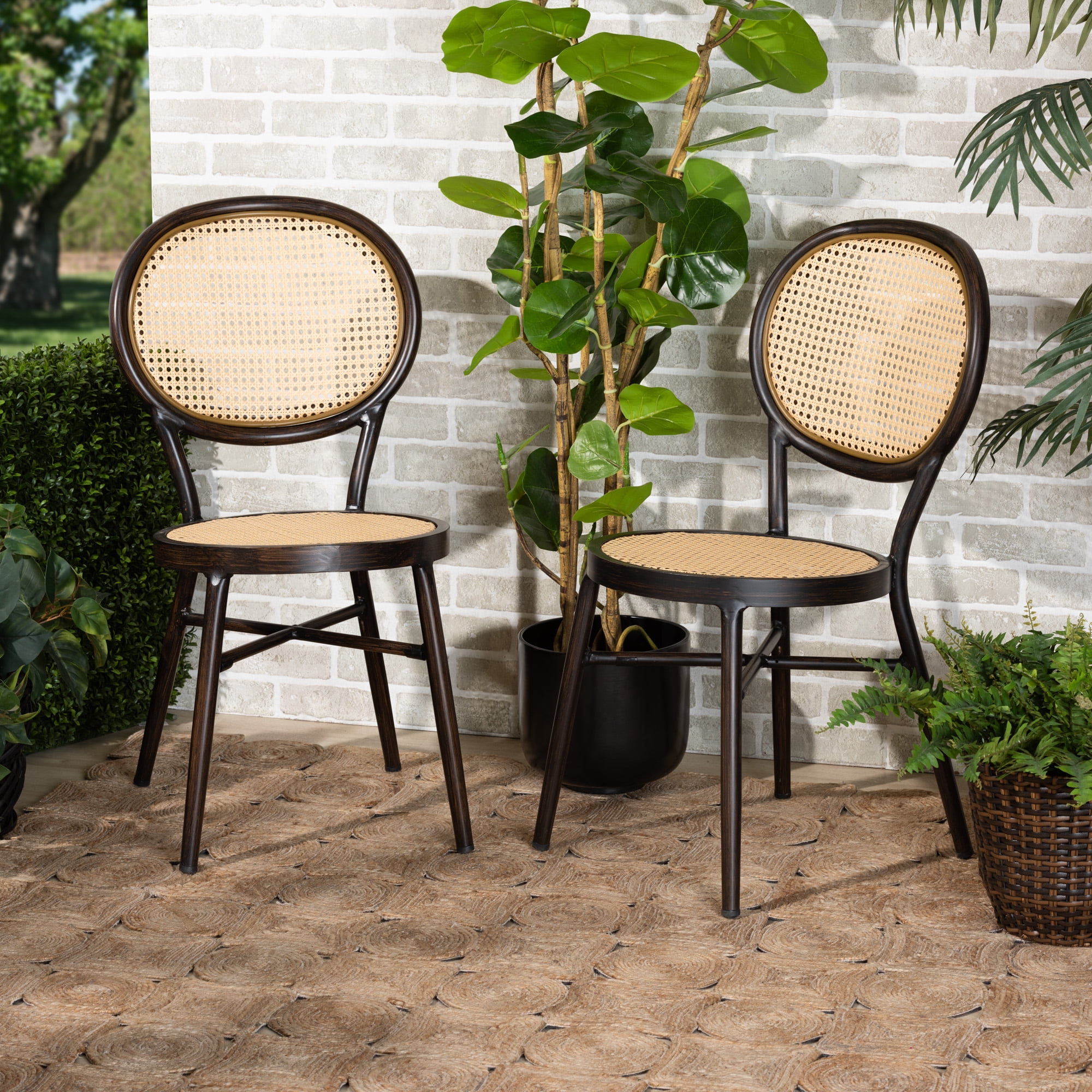 Baxton Studio Thalia Mid Century Modern Dark Brown Finished Metal and Synthetic Rattan 2 Piece Outdoor Dining Chair Set Walmart