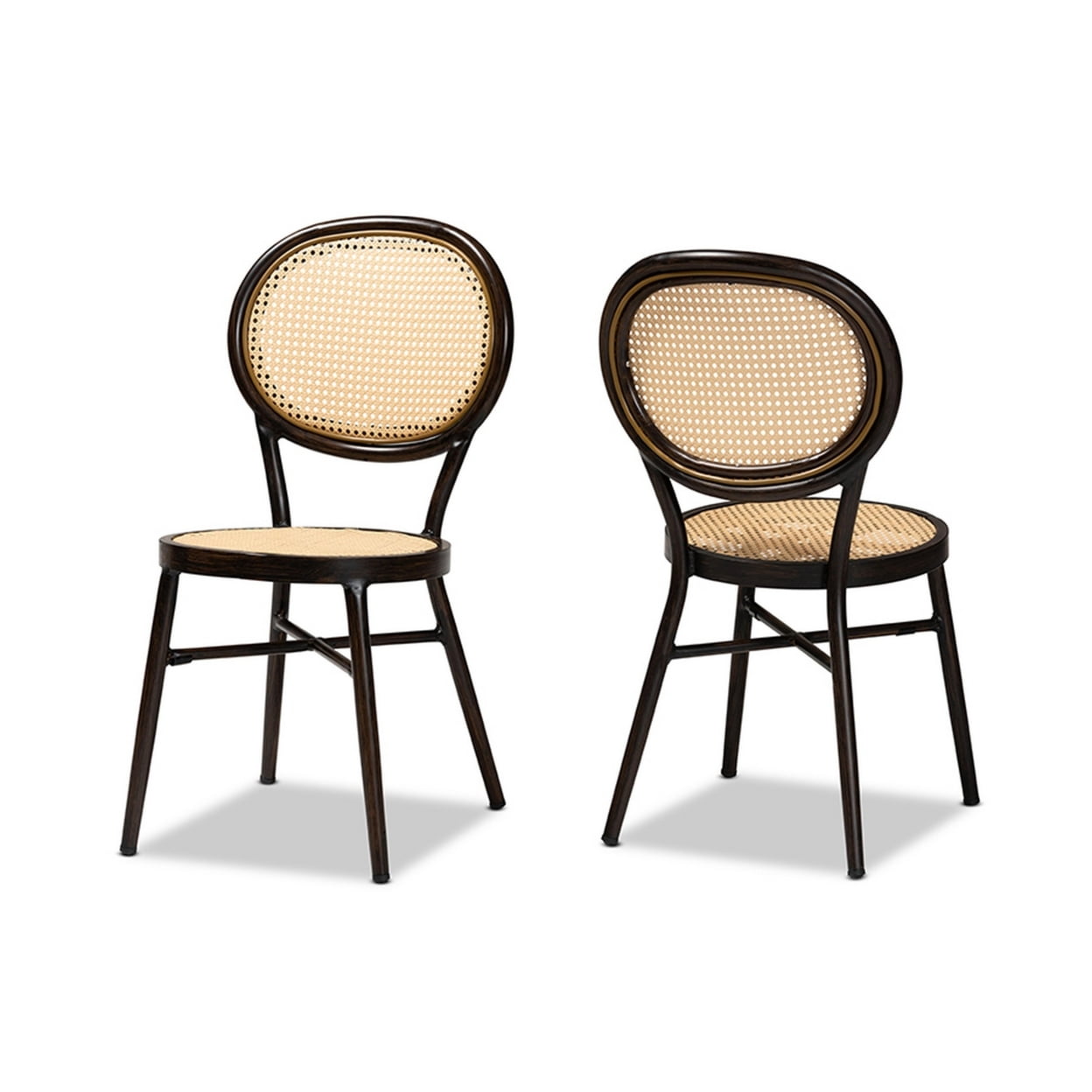 Thalia Mid-Century Modern Brown Metal and Rattan Dining Chair Set