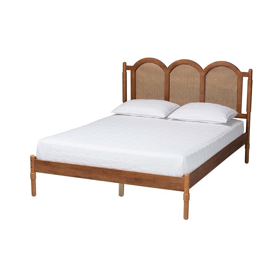 Walnut Brown Wood Queen Platform Bed with Woven Rattan Headboard