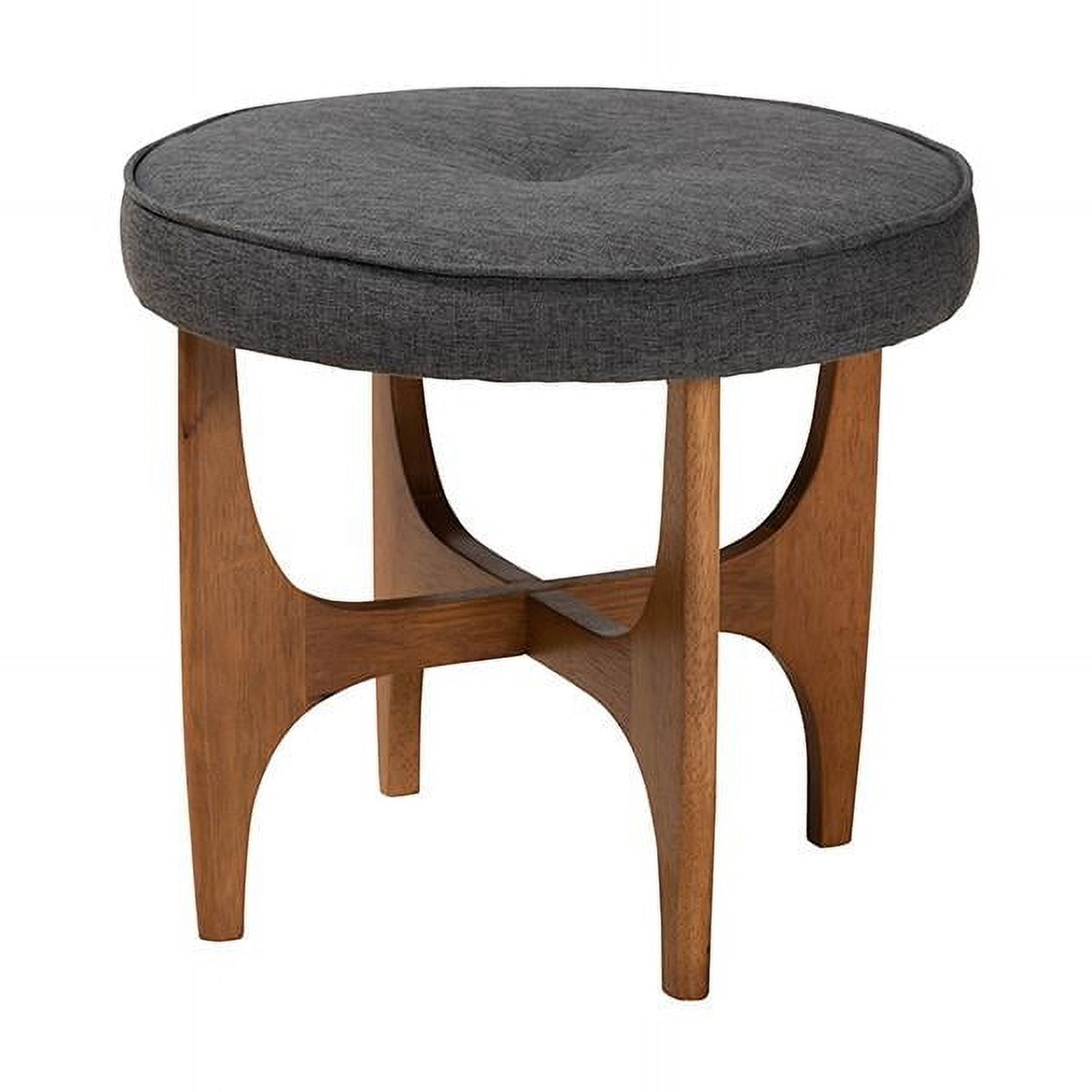 Theo Dark Gray Fabric and Walnut Wood Round Tufted Ottoman