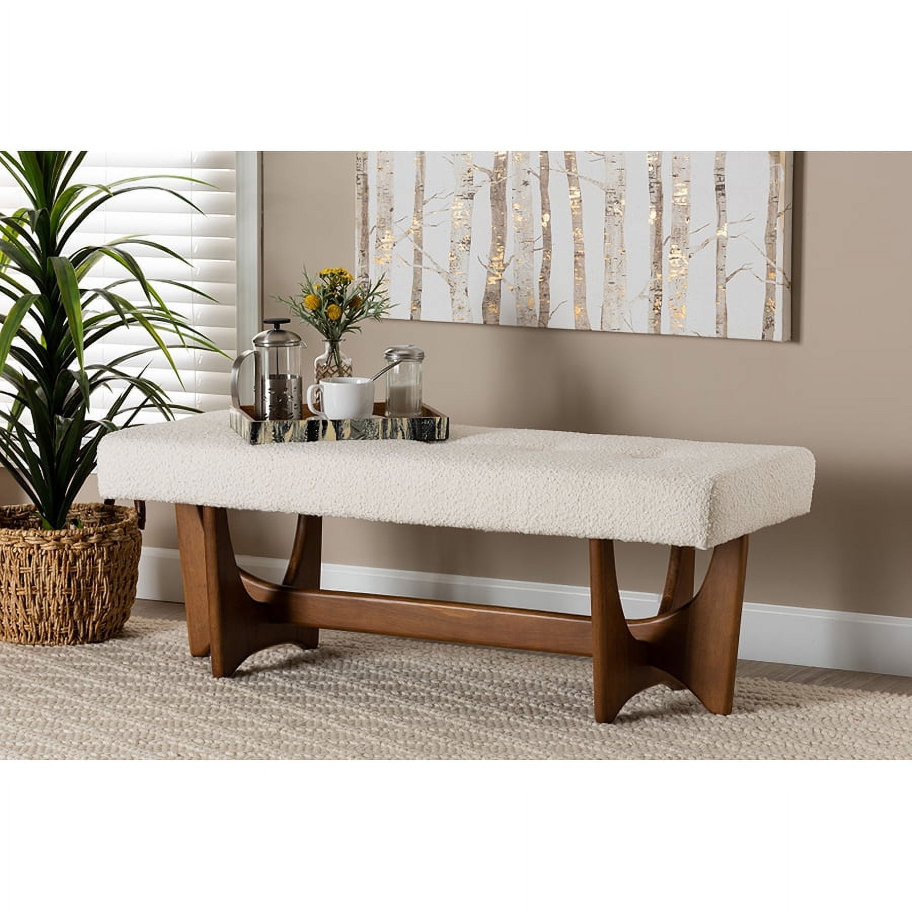 Cream Boucle Fabric and Walnut Wood Bench with Button-Tufted Seat