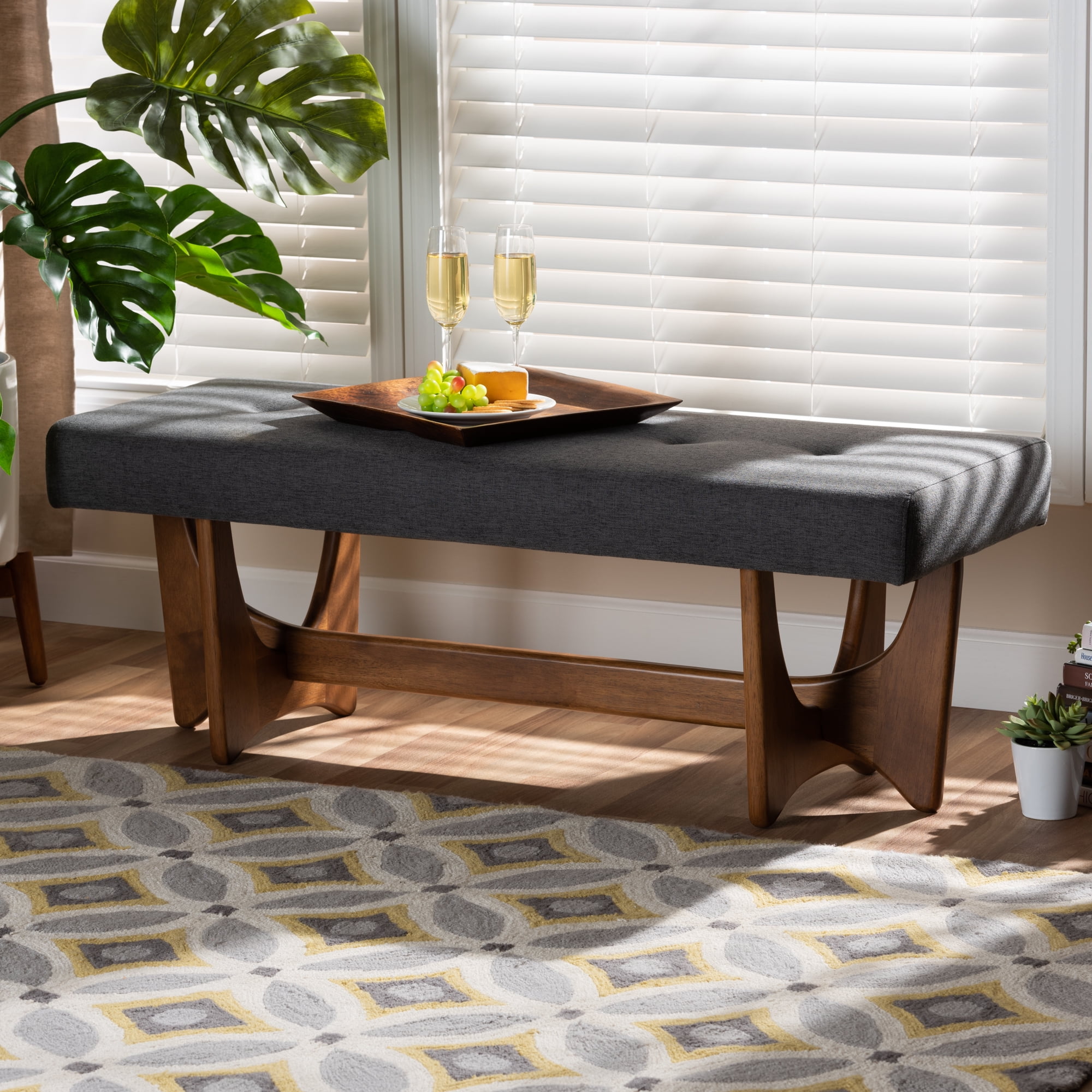 Baxton Studio Theo Mid-Century Modern Dark Gray Fabric Upholstered Walnut Finished Bench