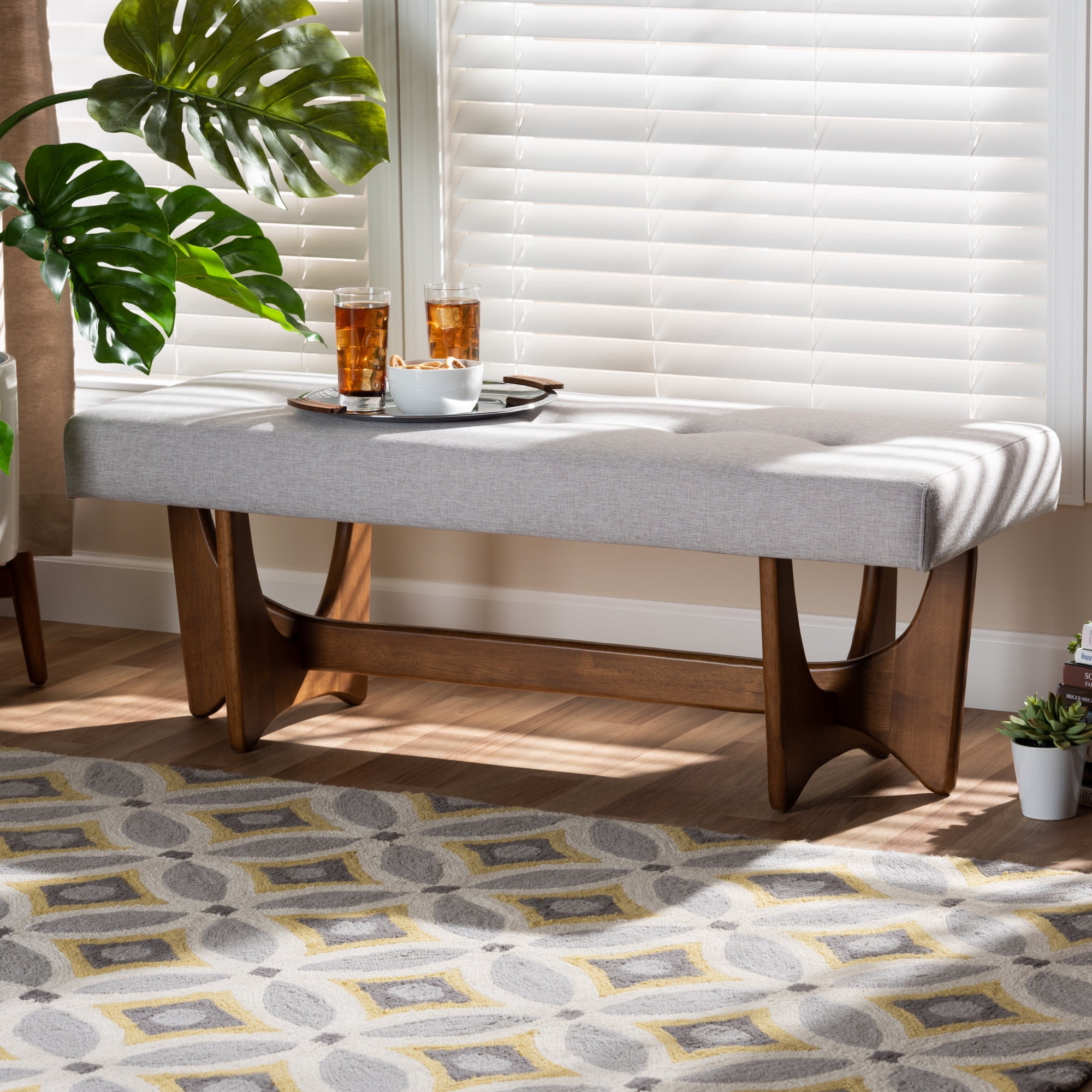 Baxton Studio Theo Mid-Century Modern Grayish Beige Fabric Upholstered Walnut Finished Bench
