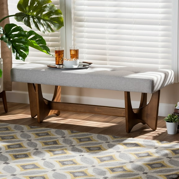 Baxton Studio Theo Mid-Century Modern Grayish Beige Fabric Upholstered Walnut Finished Bench