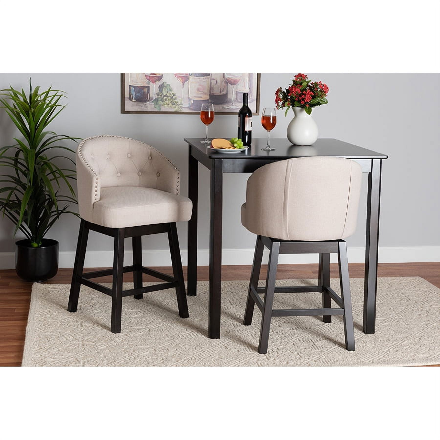 Light Beige Fabric and Wood Swivel Counter Stool Set