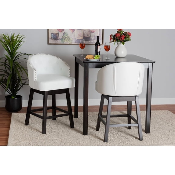 Baxton Studio Theron Mid-Century Transitional White Faux Leather and Espresso Brown Finished Wood 2-Piece Swivel Counter