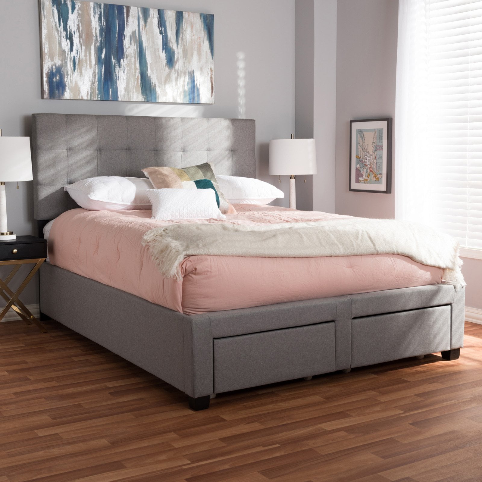 Contemporary Gray Queen Upholstered Storage Bed with Tufted Headboard