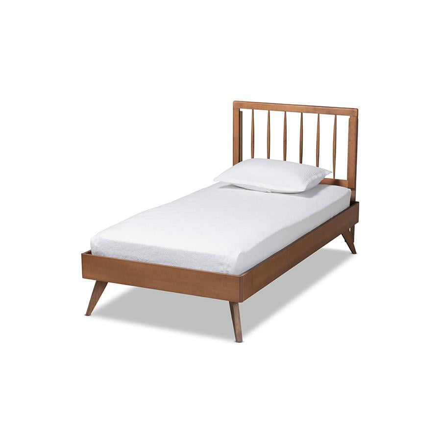 Ash Walnut Twin Wood Frame Bed with Spindle Headboard