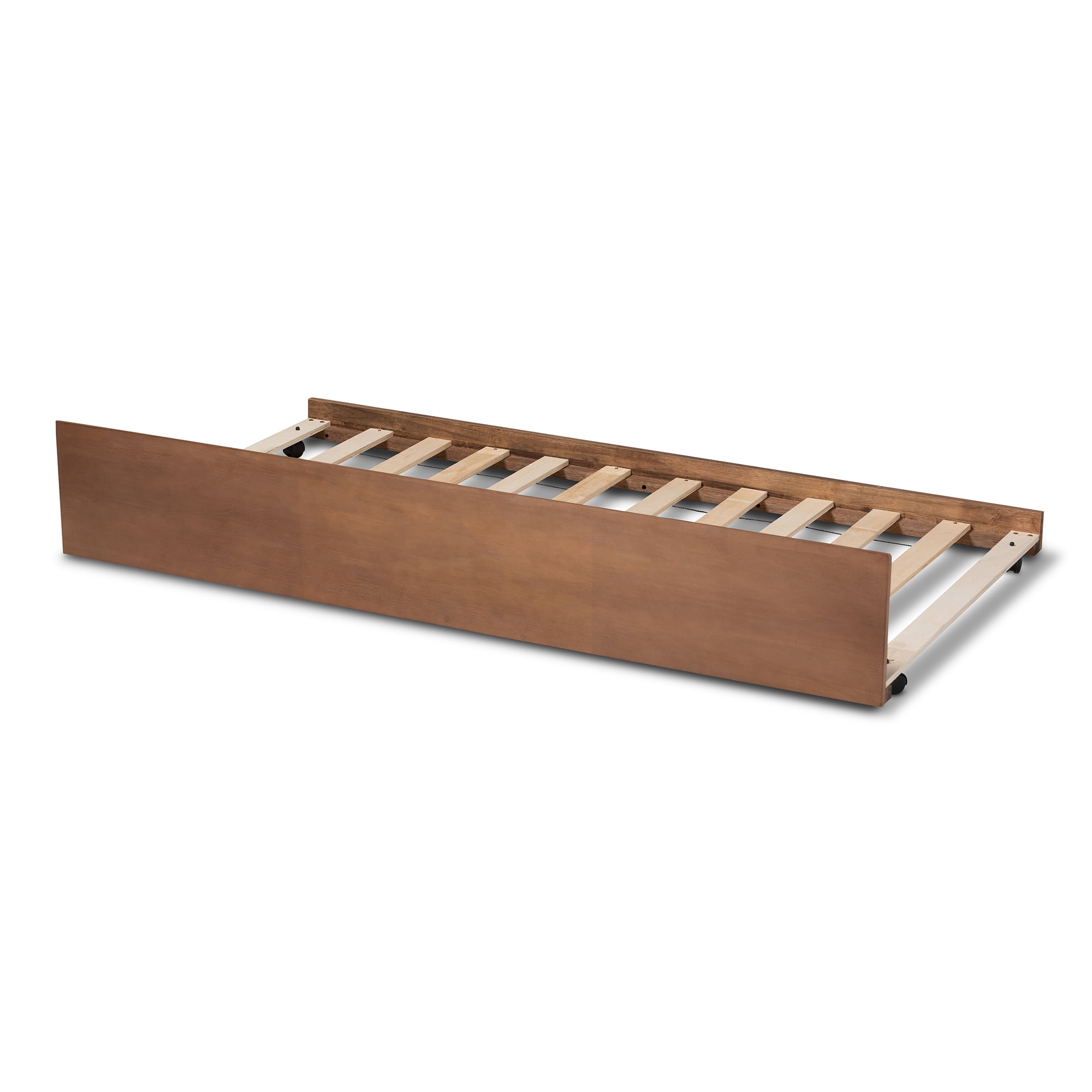 Baxton Studio Toveli Kids Twin Size Contemporary Rubberwood Trundle Bed with Wheels, Ash Walnut