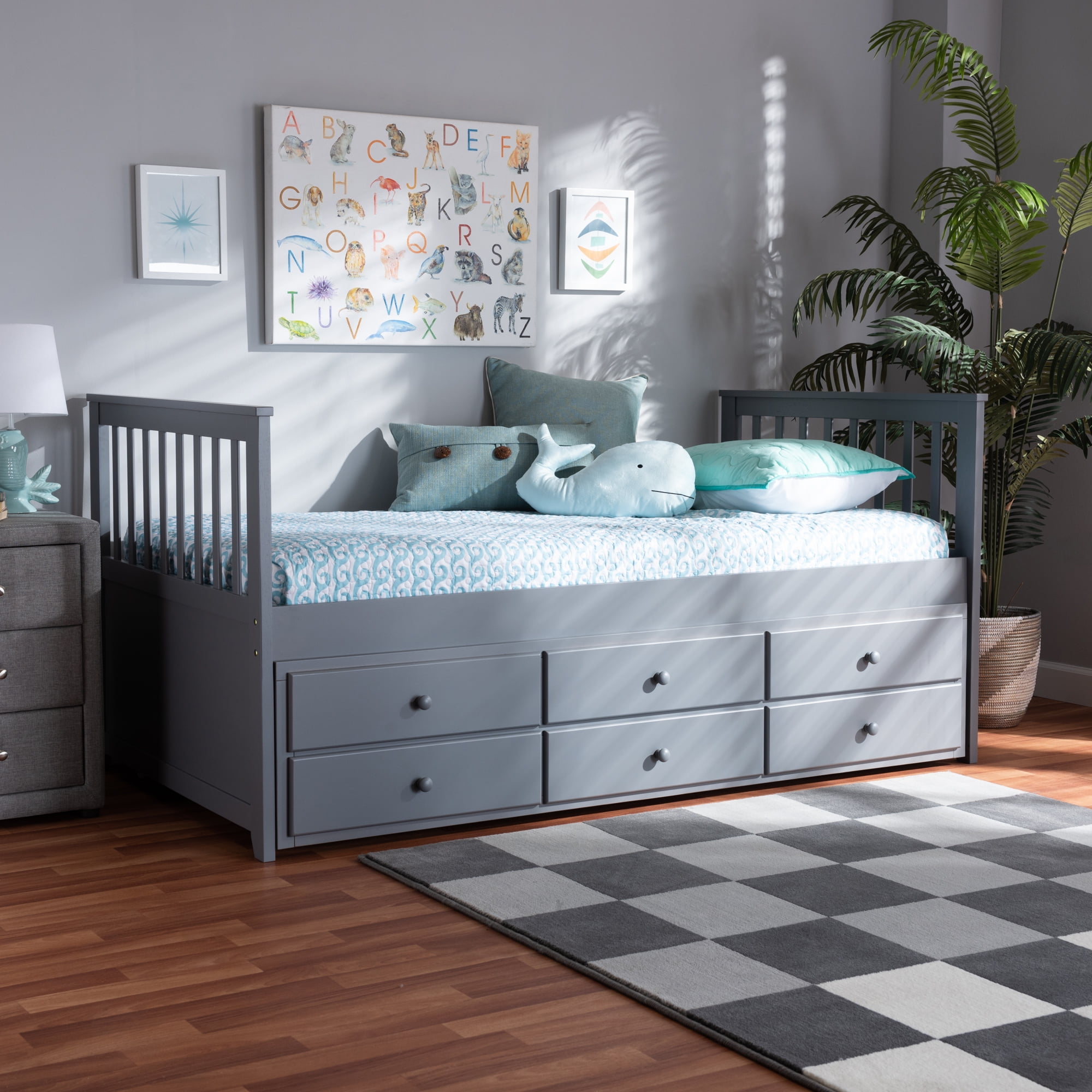 Gray Twin Wood Daybed with Trundle and 3 Drawers