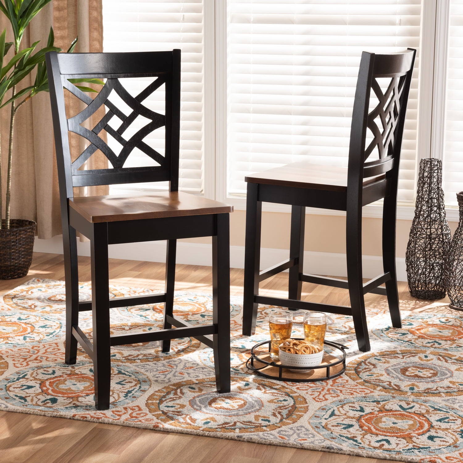 Nicolette Two-Tone Walnut and Dark Brown Wood Counter Stools - Set of 2
