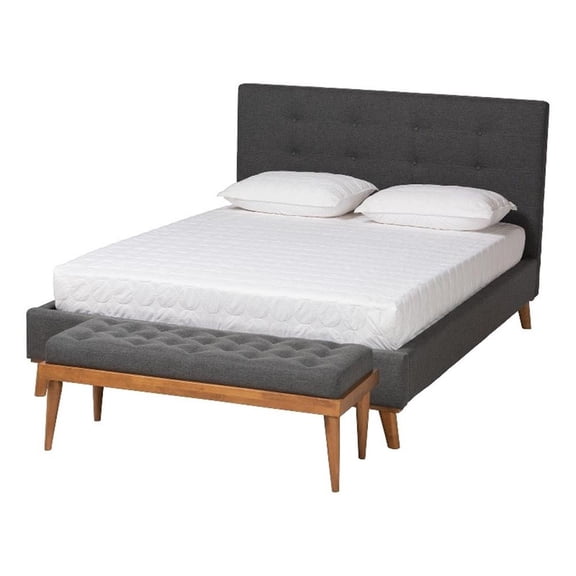 Baxton Studio Valencia Mid-Century Modern Dark Grey Fabric Upholstered Queen Size 2-Piece Bedroom Set