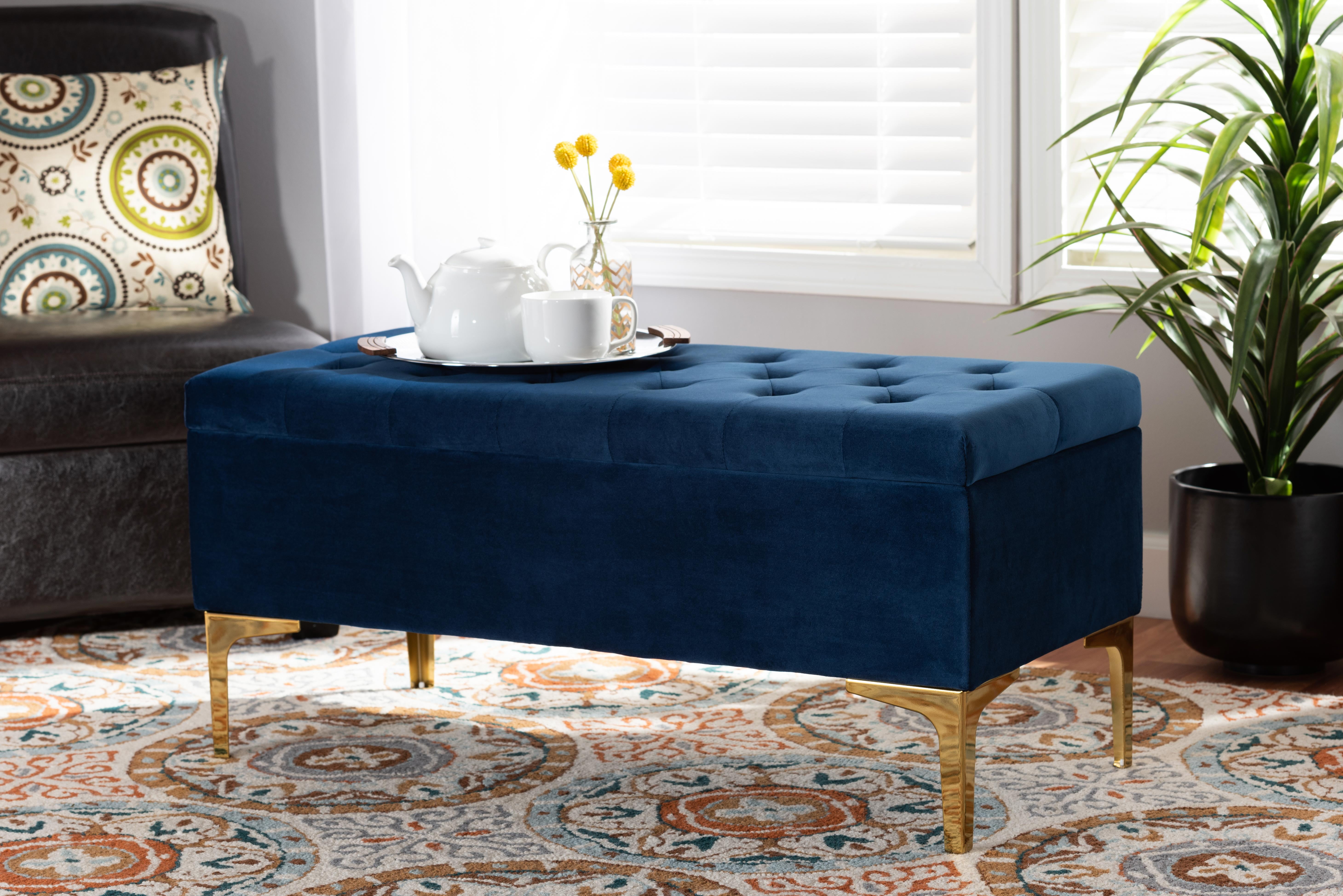 Baxton Studio Valere Glam and Luxe Navy Blue Velvet Fabric Upholstered Gold Finished Button Tufted Storage Ottoman