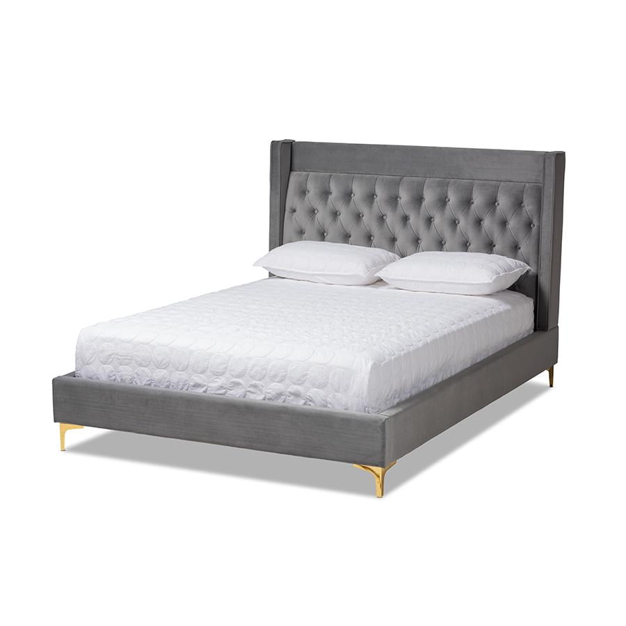 Baxton Studio Valery Modern and Contemporary Dark Gray Velvet Fabric Upholstered Queen Size Platform Bed with Gold-Finished Legs Baxton Studio Valery Modern and Contemporary Dark Gray Velvet Fabric Upholstered Queen Size Platform Bed with Gold-Finished Legs