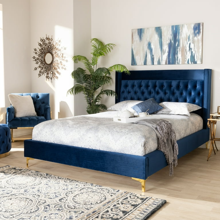 Baxton Studio Valery Modern and Contemporary Navy Blue Velvet Fabric Upholstered Queen Size Platform Bed with Gold-Finished Legs Baxton Studio Valery Modern and Contemporary Navy Blue Velvet Fabric Upholstered Queen Size Platform Bed with Gold-Finished Legs