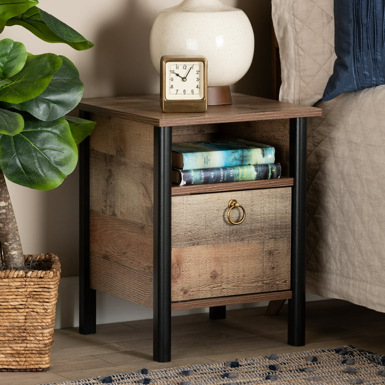 Baxton Studio Vaughan Modern and Contemporary Two Tone Rustic Oak Brown and Black Finished Wood Nightstand