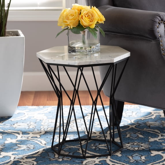 Baxton Studio Venedict Modern and Contemporary Black Metal End Table with Marble Tabletop