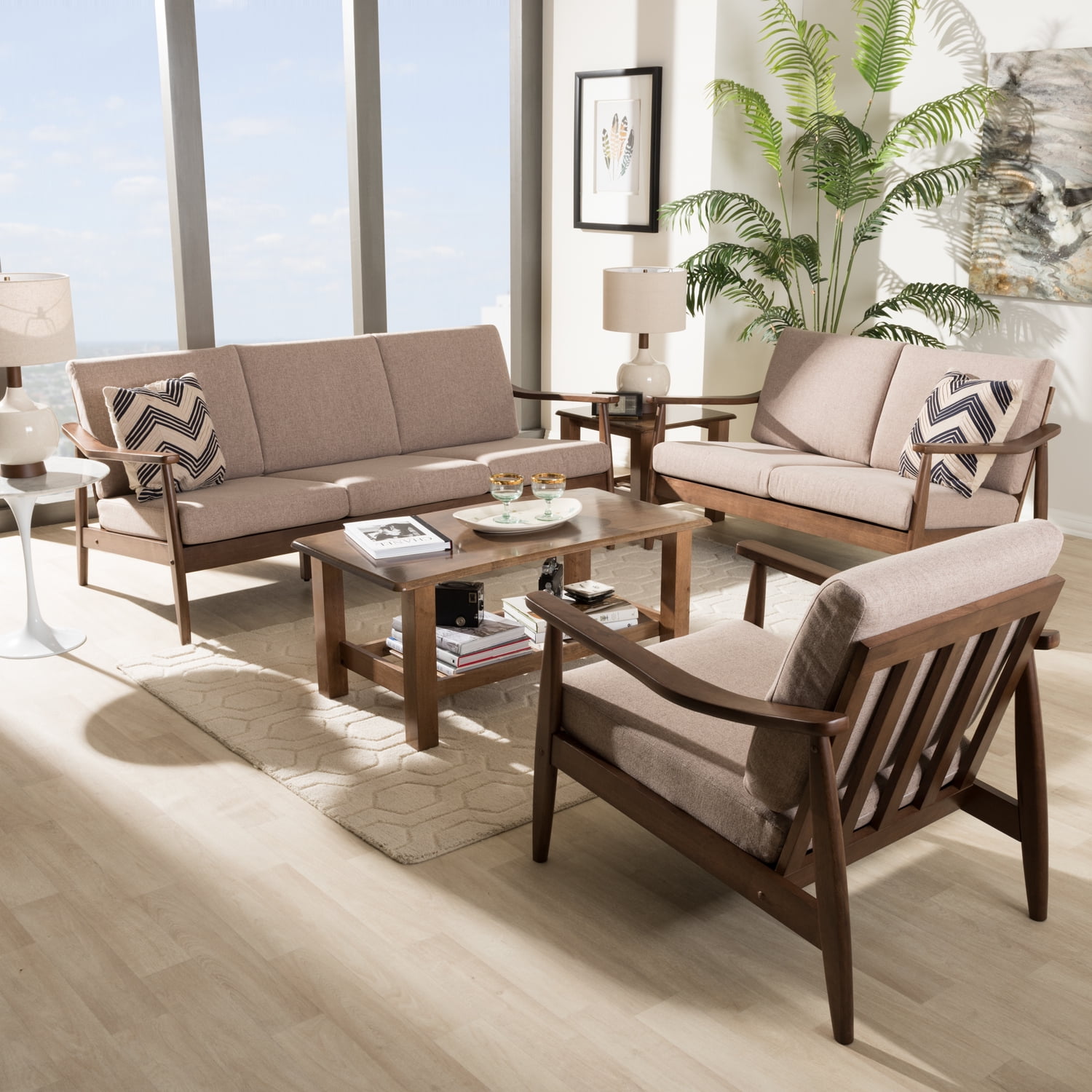 Venza Mid-Century Walnut Brown 3-Piece Sofa Set