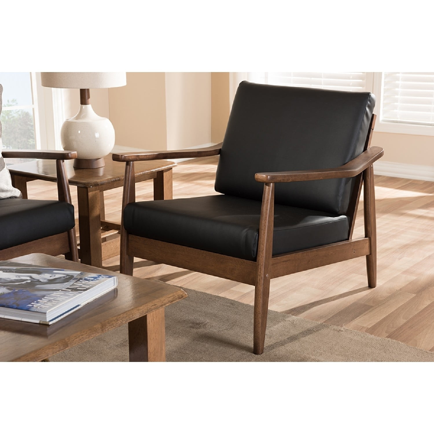 Venza Mid-Century Modern Lounge Chair in Black Faux Leather & Walnut