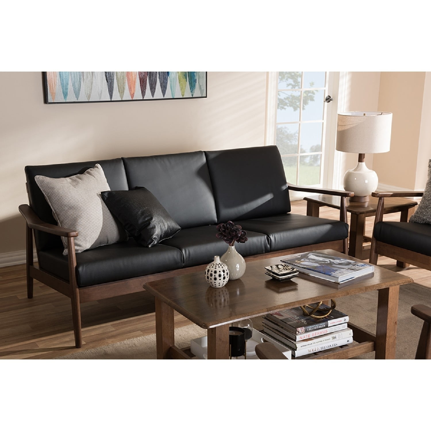 Baxton Studio Venza Mid Century Modern Walnut Wood Black Faux Leather 3 Seater Sofa