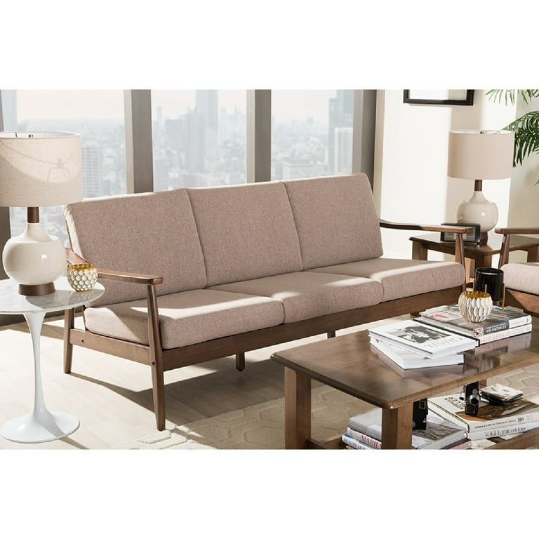 Baxton Studio Venza Mid-Century Modern Walnut Wood Light Brown Fabric Upholstered 3-Seater Sofa Baxton Studio Venza Mid-Century Modern Walnut Wood Light Brown Fabric Upholstered 3-Seater Sofa