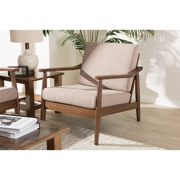 Baxton Studio Venza Mid-Century Modern Walnut Wood Light Brown Fabric Upholstered Lounge Chair