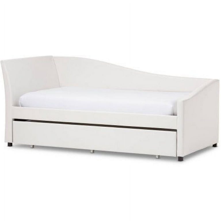 Baxton Studio Vera Modern and Contemporary White Faux Leather Upholstered Curved Sofa Twin Daybed with Roll-Out Trundle Guest Bed Baxton Studio Vera Modern and Contemporary White Faux Leather Upholstered Curved Sofa Twin Daybed with Roll-Out Trundle Guest Bed