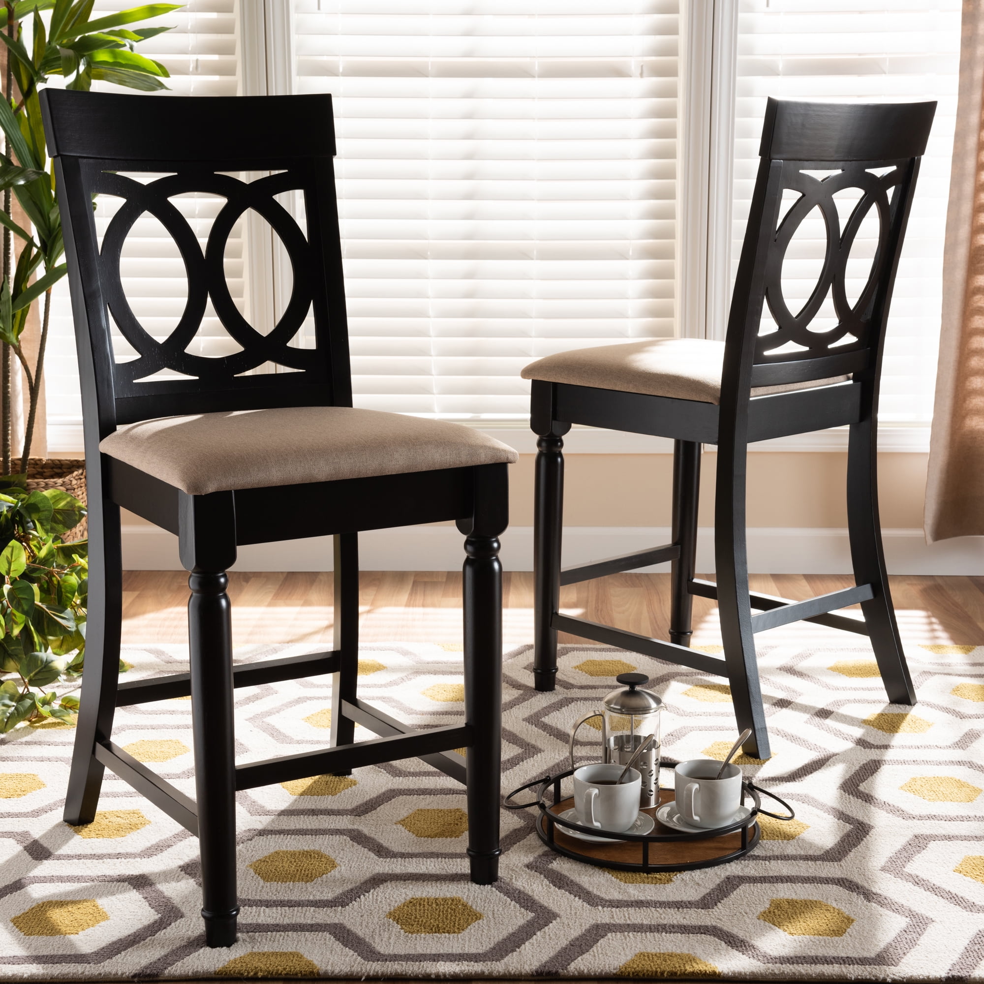 Baxton Studio Verina Modern and Contemporary Sand Fabric Upholstered Espresso Brown Finished 2-Piece Wood Counter Stool Set Set