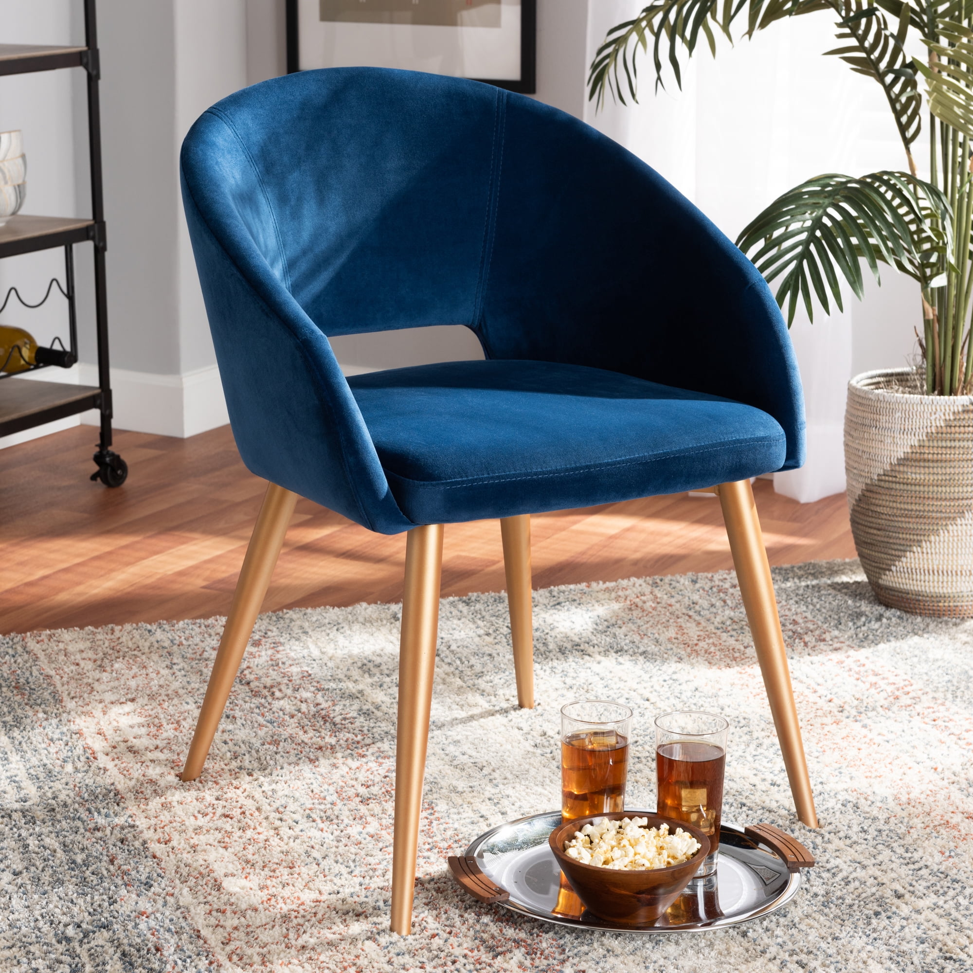 Baxton Studio Vianne Glam and Luxe Navy Blue Velvet Fabric Upholstered Gold Finished Metal Dining Chair